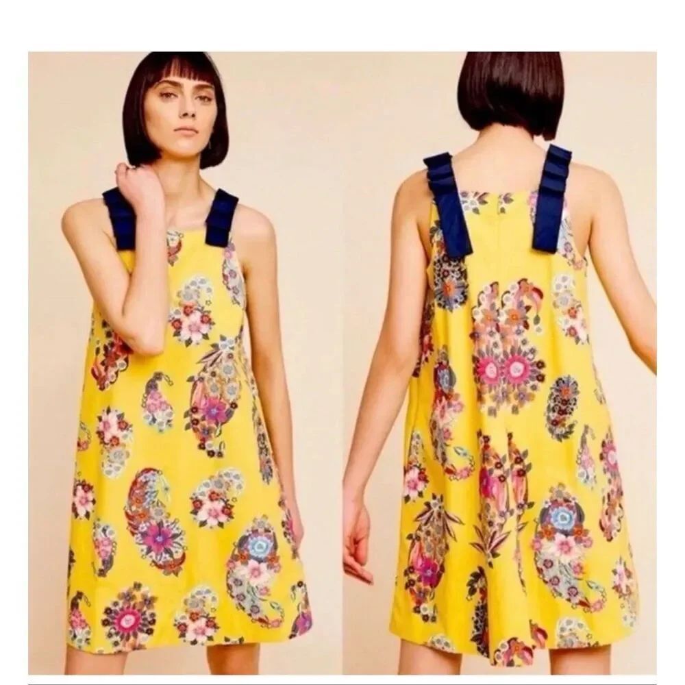 Anthropologie Maeve 100% cotton Sunniva Yellow Floral Ribbon Strap Dress Size L